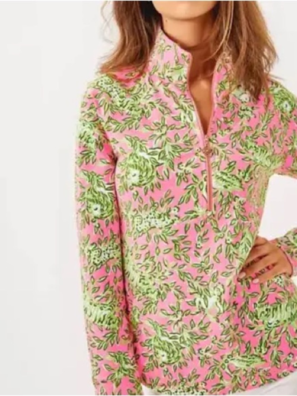 Lilly Pulitzer Pink and Green Floral Quarter-Zip Pullover